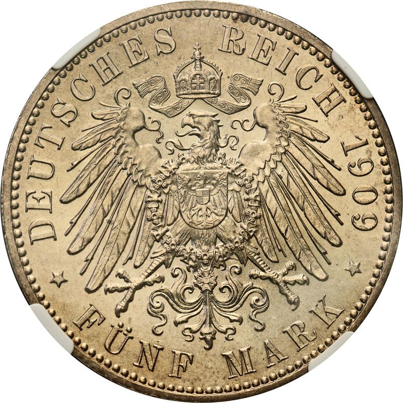Niemcy, Saksonia. 5 marek 1909 NGC MS65 - Piękne